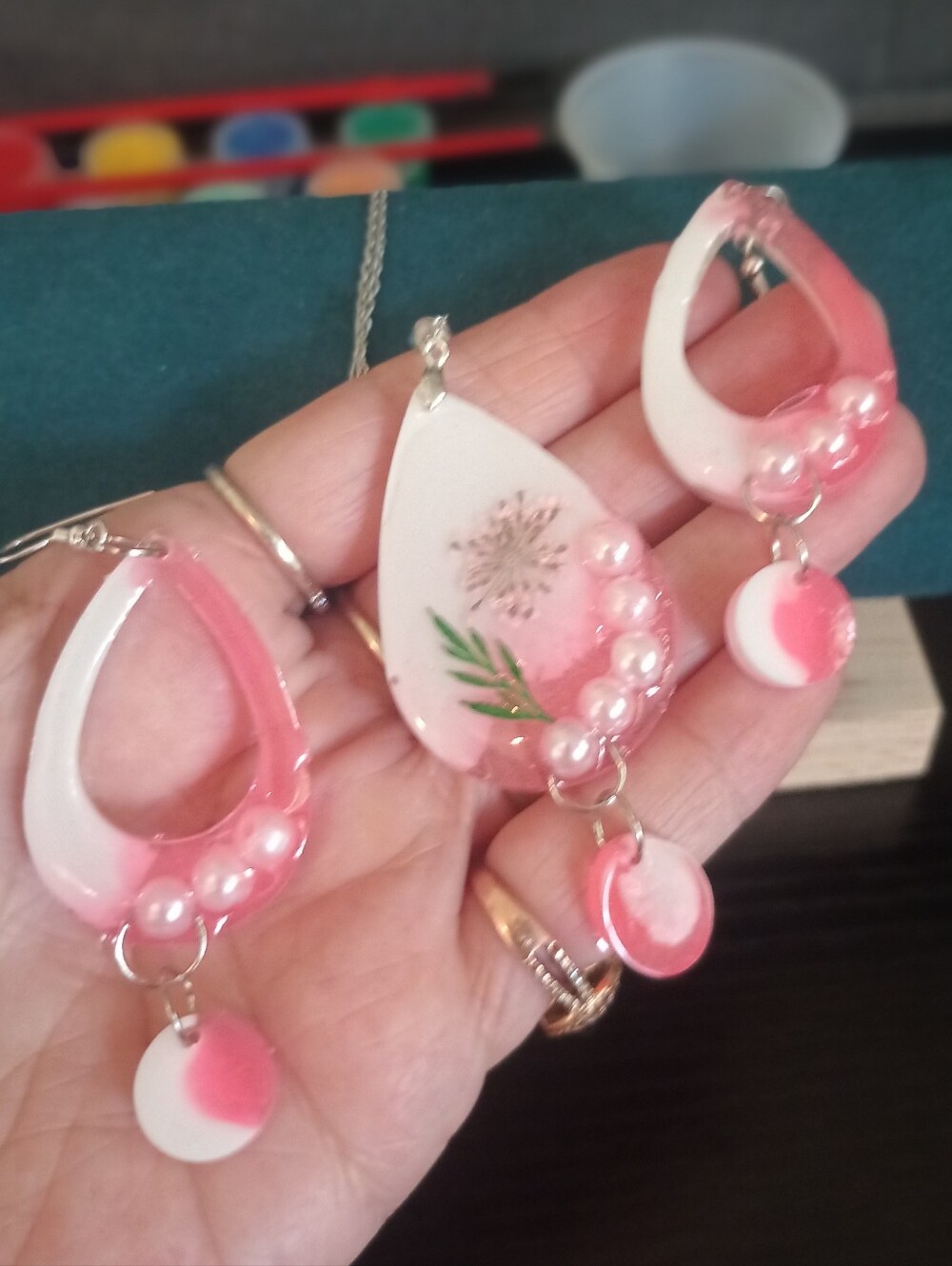 Handmade Pink Pearl Drop Earrings and Pendant Set